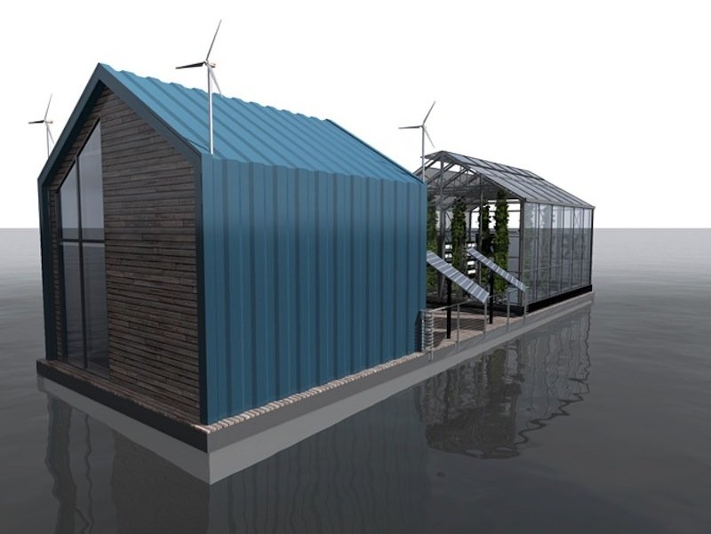 Kleine Windräder am Dach des Aufbaus und Solarpanels sollen ausreichend Strom für den Betrieb der Eco Barge liefern.