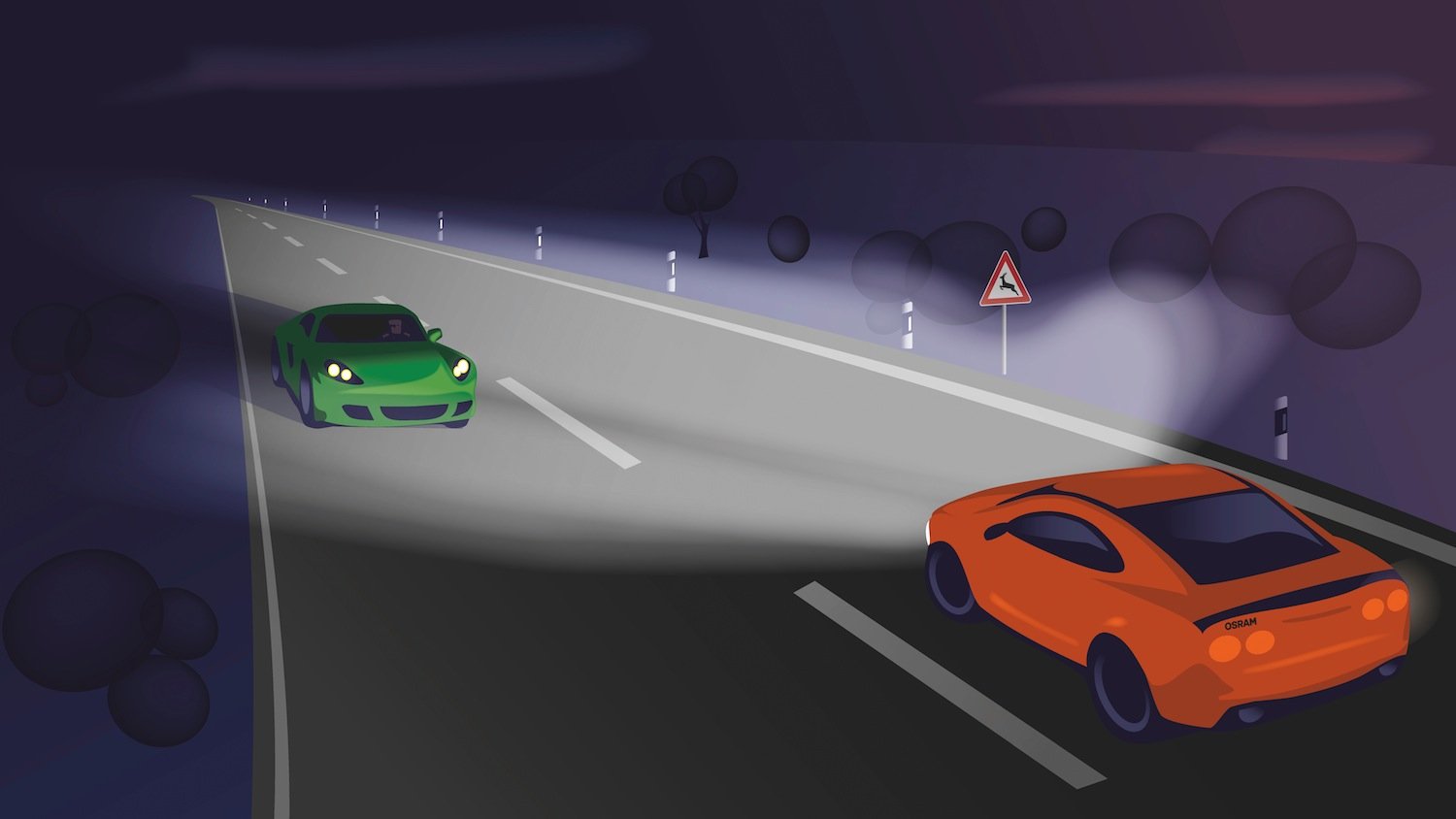 Der Scheinwerfer schaltet die Lichtpunkte aus, die den Gegenverkehr blenden würden. Dadurch kann der Fahrer auf dunklen Landstraßen kontinuierlich mit Fernlicht fahren. 