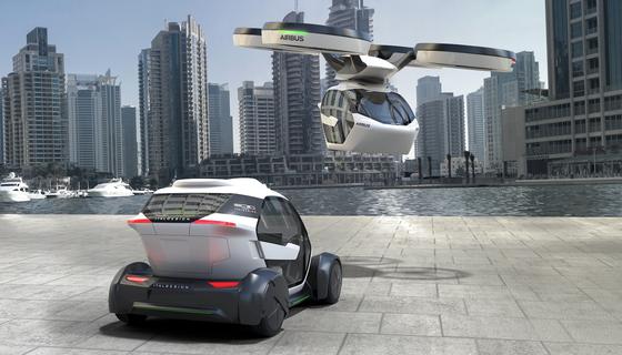 Neue Idee von Airbus und Italdesign: Eine Kabine kann sowohl auf ein Fahrgestell montiert werden, um wie ein Auto zu fahren, oder von einer Drohne aufgenommen werden, um zu fliegen.