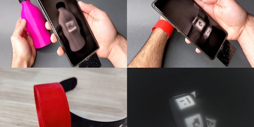 Vier Fotos: Handykameras mit Infrarot zeigen unsichtbare Etiketten auf Flasche und Armband.