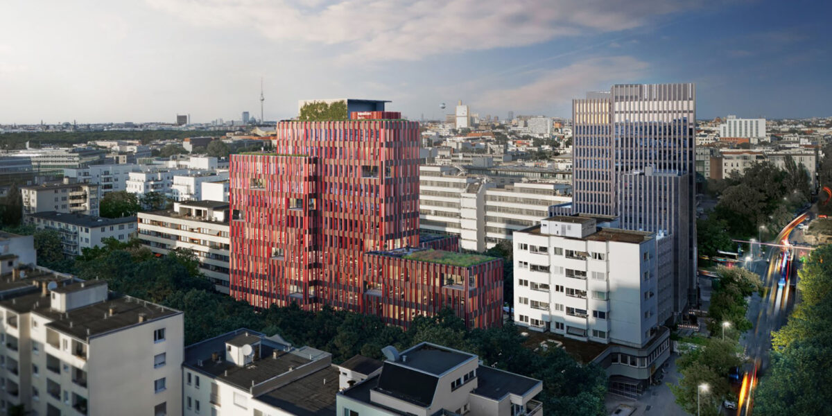 Visualisierung des entstehenden Bürogebäudes Equalizer in Berlin. Grafik: bloomimages