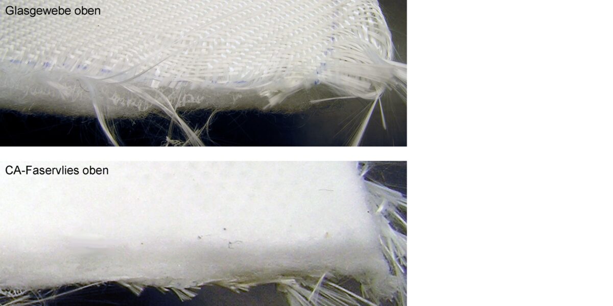 Bild 2. Dämmvlies aus CA-Faser mit Glasgewebe im FIM-Verfahren in einem Arbeitsgang gefertigt Foto: R. Wagner
Fig. 2. Insulating fleece made of CA fiber with glass fabric in the FIM process in one step manufactured Source: R. Wagner