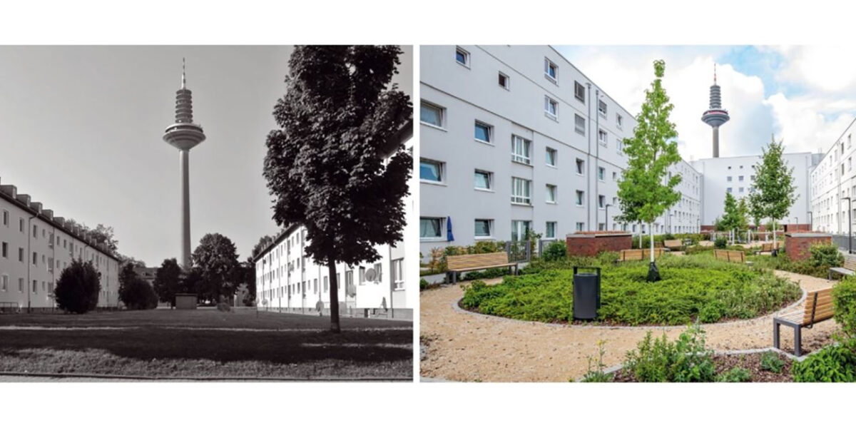 Blick auf die Wohnanlage "Platensiedlung Frankfurt" vor und nach der Sanierung. Bild: Uretek