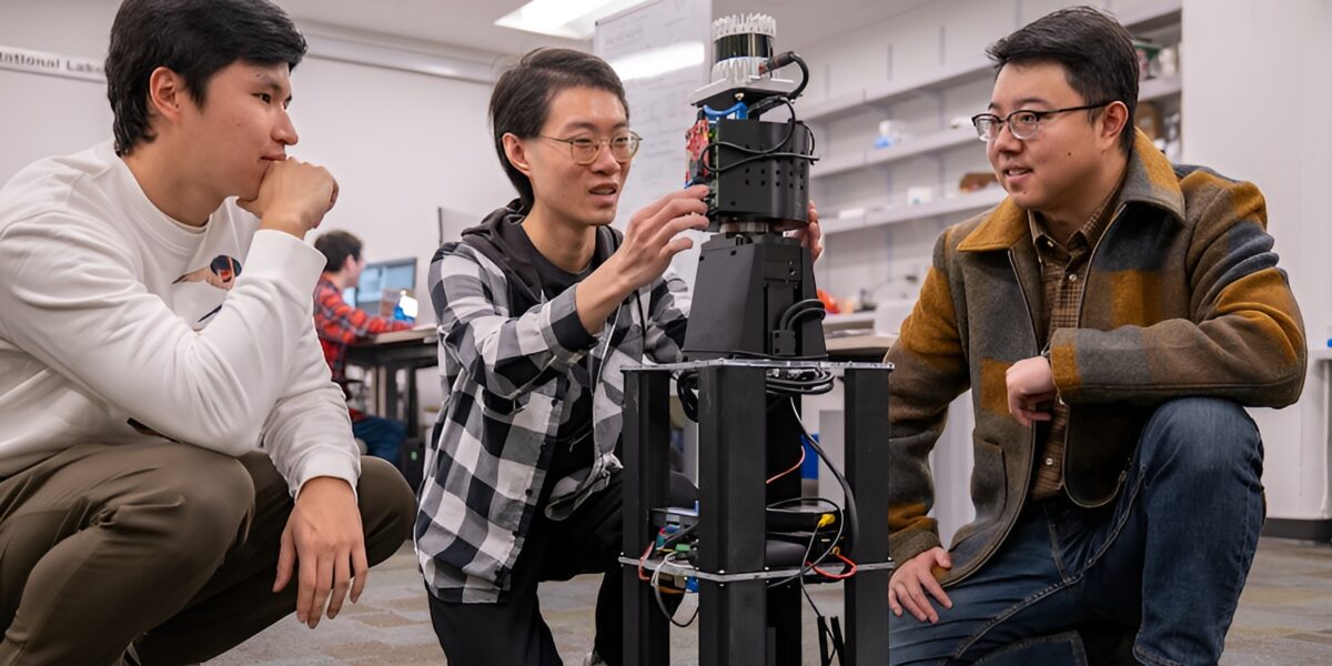 Freddy Liu, Haowen Lai und Mingmin Zhao (von links) bereiten einen mit PanoRadar ausgestatteten Roboter für einen Testlauf vor. Dank Funksicht kann er sicher durch Rauch und Nebel navigieren. Foto: Sylvia Zhang