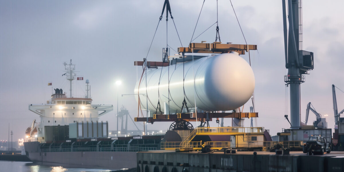 Ein Wasserstoffbehälter wird auf ein Schiff verladen.