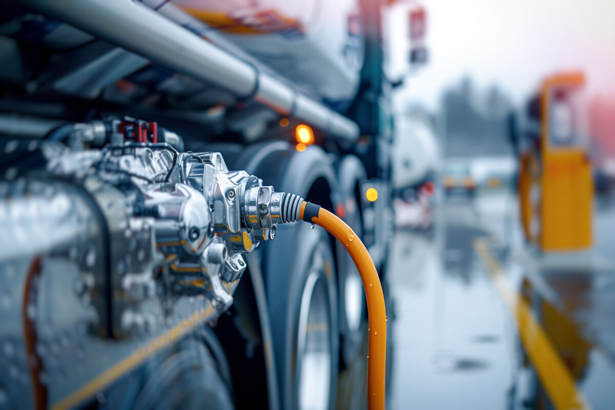 Nahaufnahme des Wasserstofftankanschlusses an einem Brennstoffzellen-Lkw.