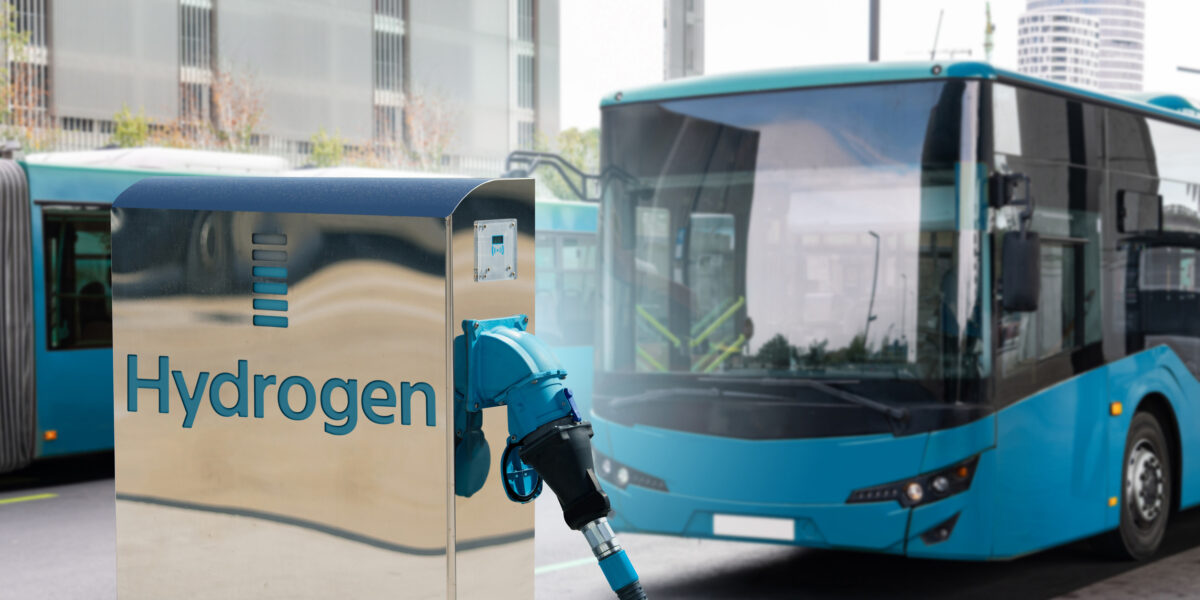 A hydrogen fuel cell bus with filling station.