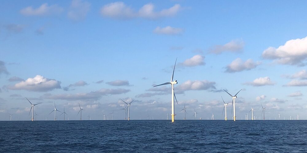 Blick auf Offshore-Windenergieanlagen vor blauem Himmel und sich leicht bewegender See.